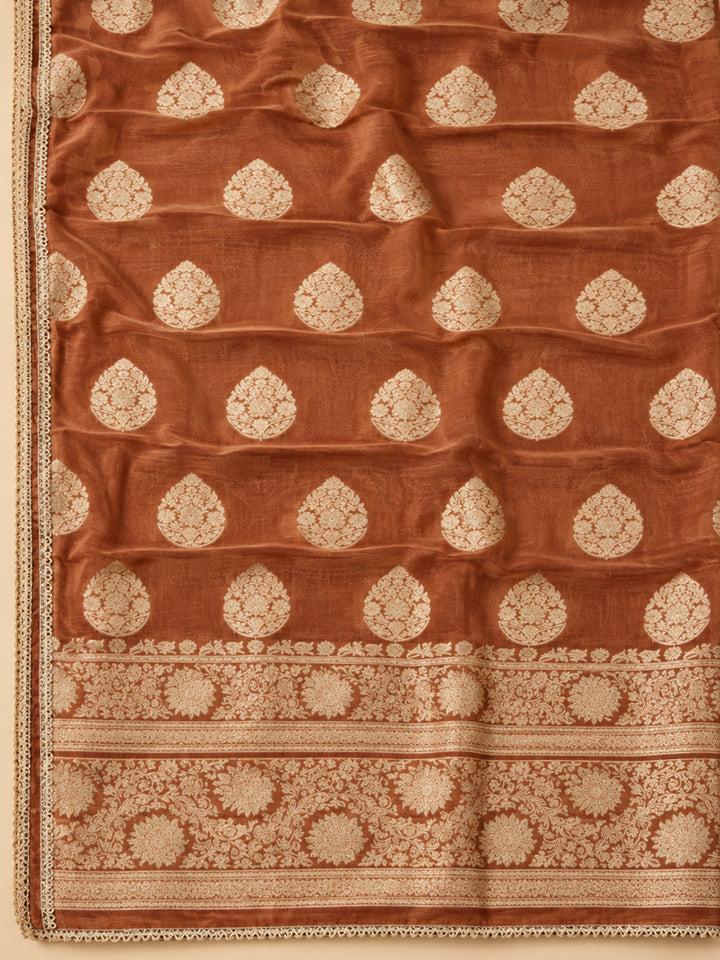 Rust Chanderi Embroidered Unstitched Dress Material