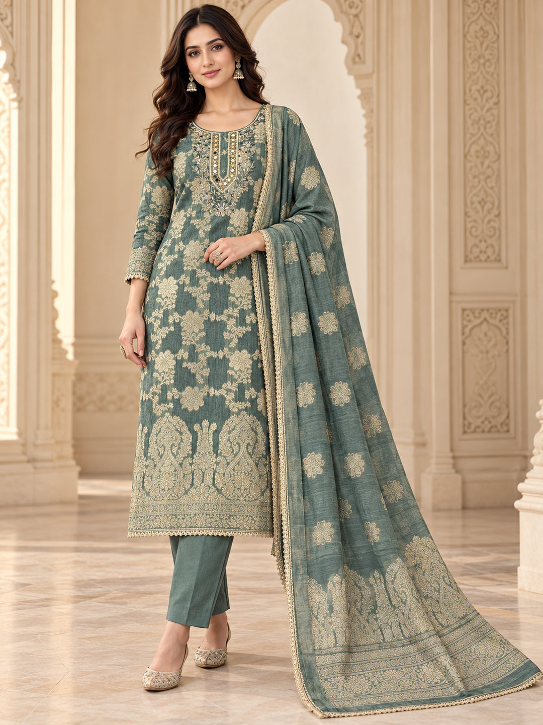 Aqua Chanderi Embroidered Unstitched Dress Material