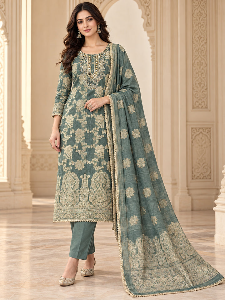 Aqua Chanderi Embroidered Unstitched Dress Material
