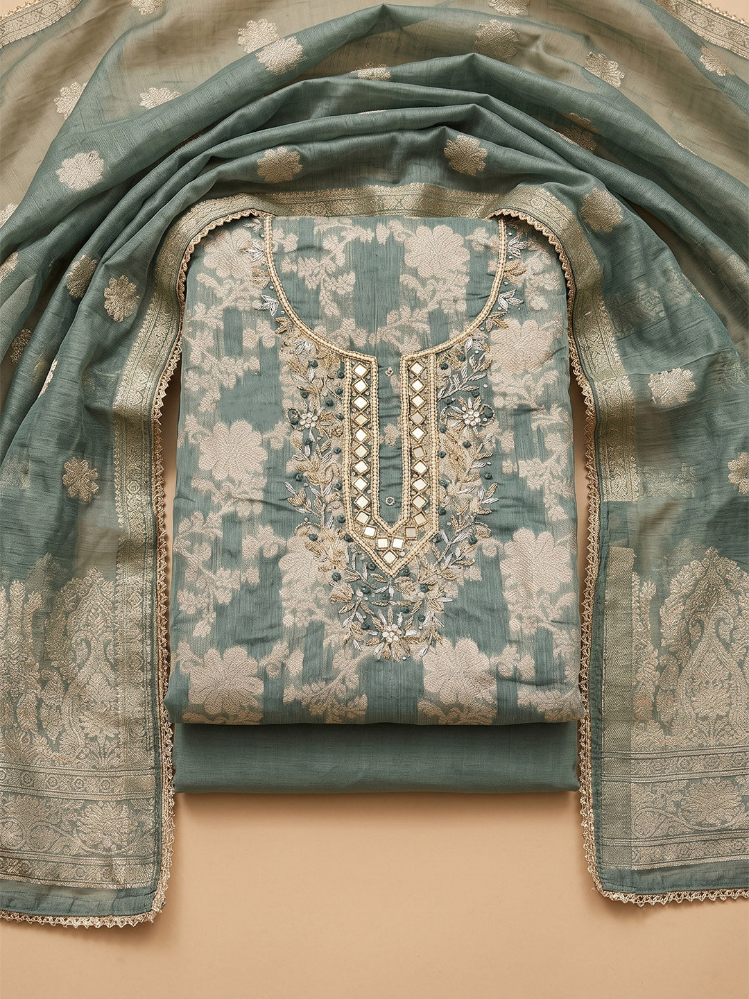 Aqua Chanderi Embroidered Unstitched Dress Material