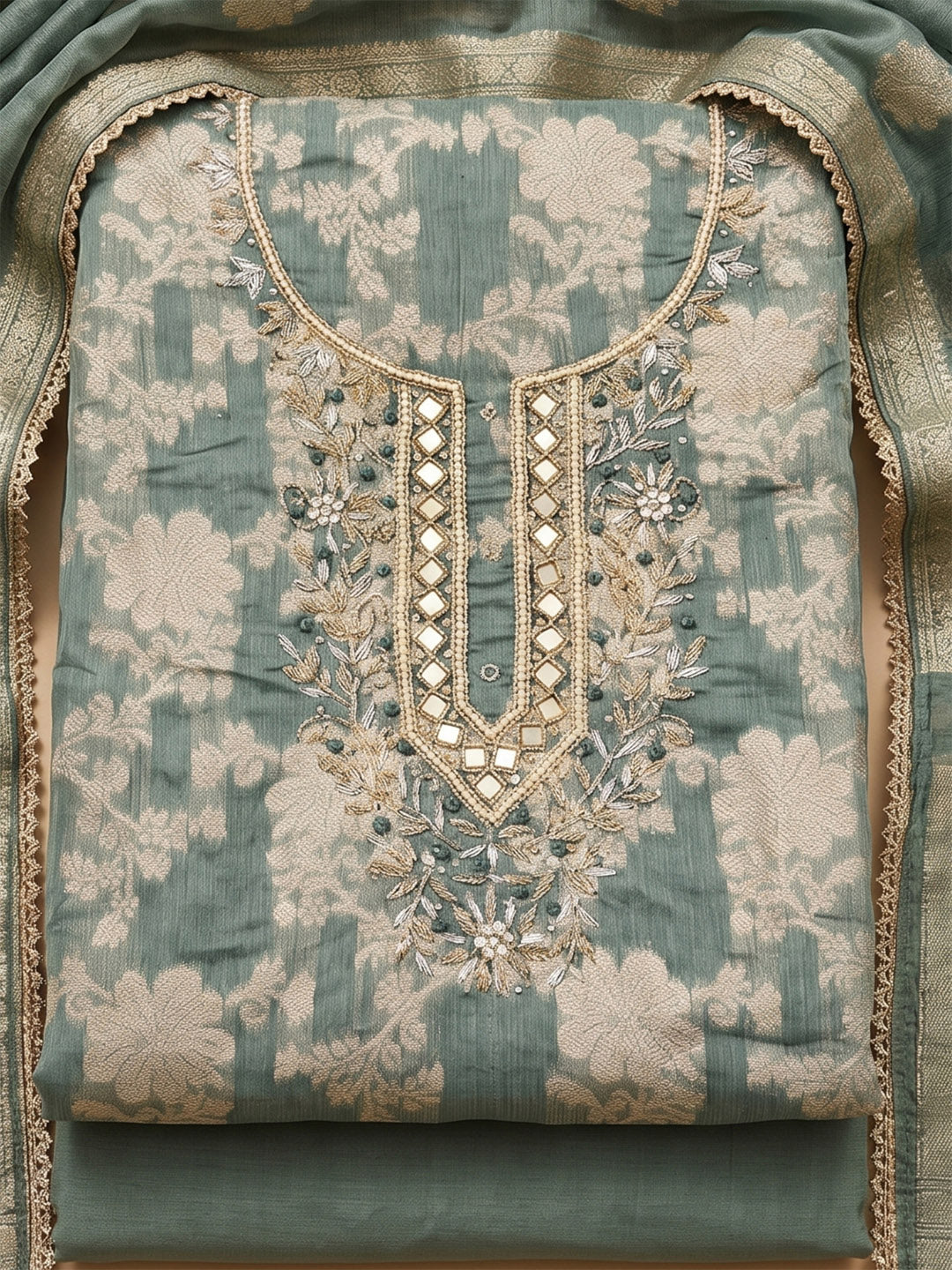 Aqua Chanderi Embroidered Unstitched Dress Material