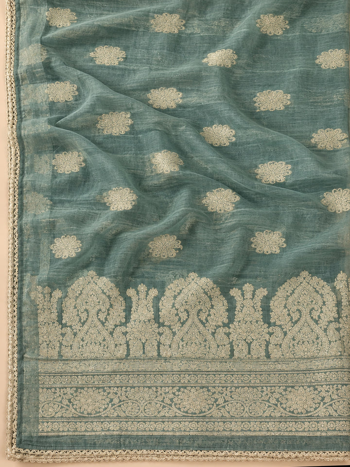 Aqua Chanderi Embroidered Unstitched Dress Material