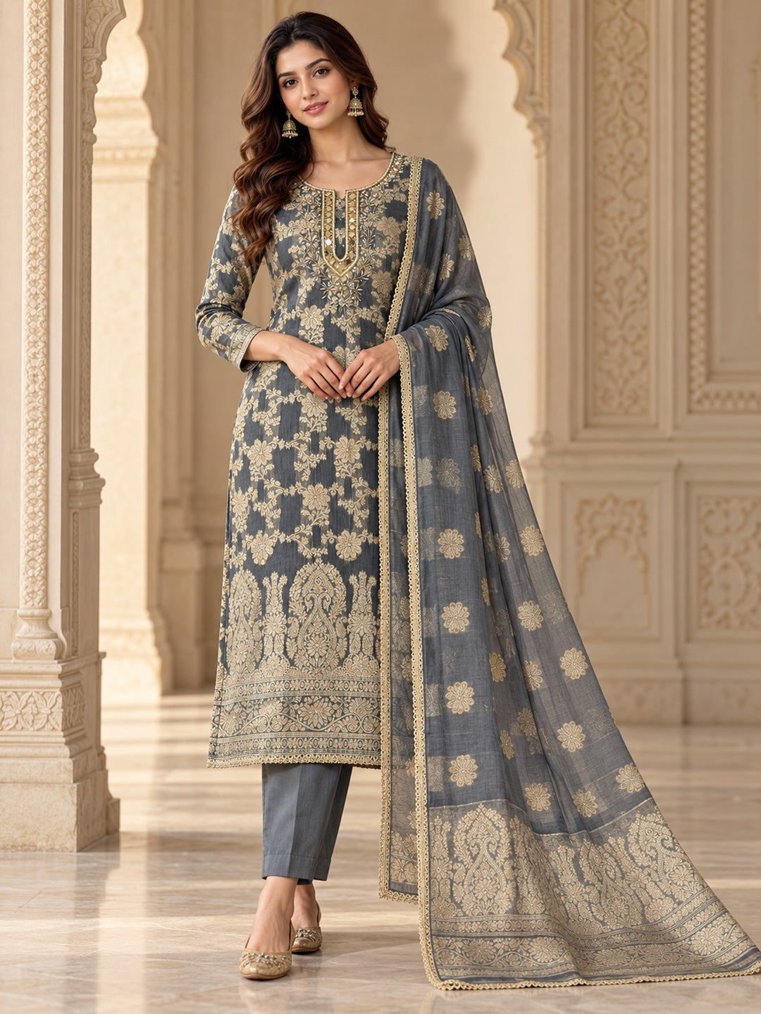 Grey Chanderi Embroidered Unstitched Dress Material
