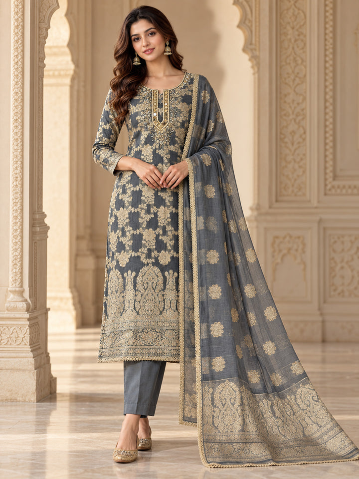Grey Chanderi Embroidered Unstitched Dress Material