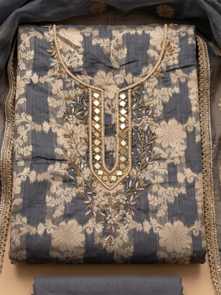 Grey Chanderi Embroidered Unstitched Dress Material