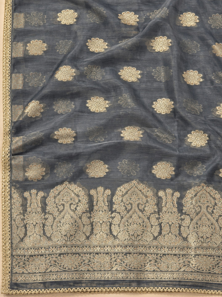 Grey Chanderi Embroidered Unstitched Dress Material