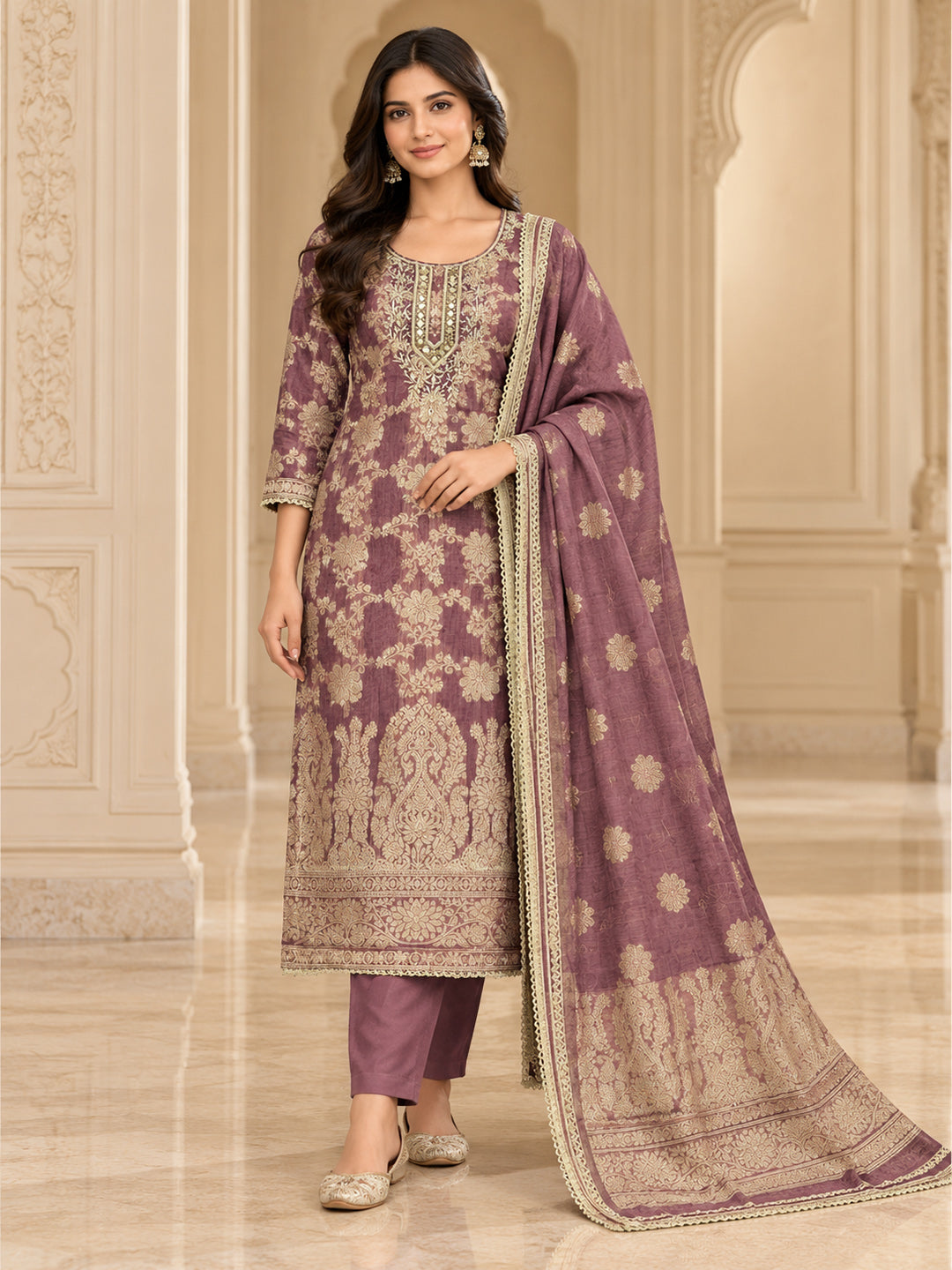 Lavender Chanderi Embroidered Unstitched Dress Material