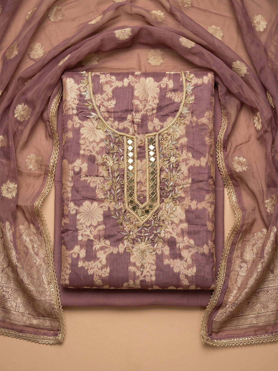 Lavender Chanderi Embroidered Unstitched Dress Material