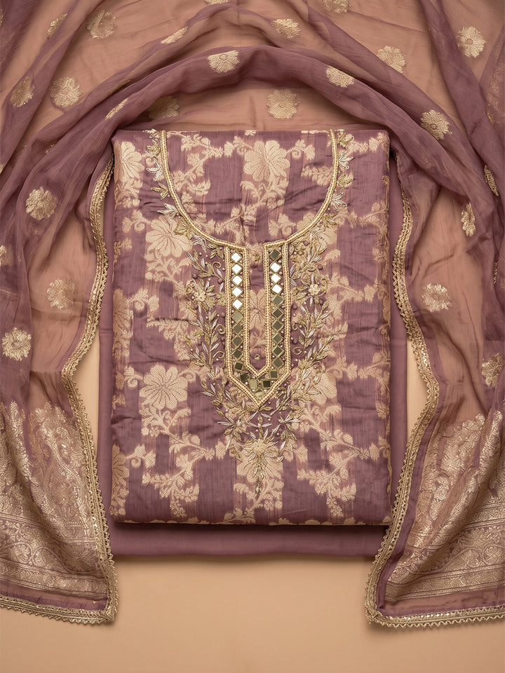 Lavender Chanderi Embroidered Unstitched Dress Material