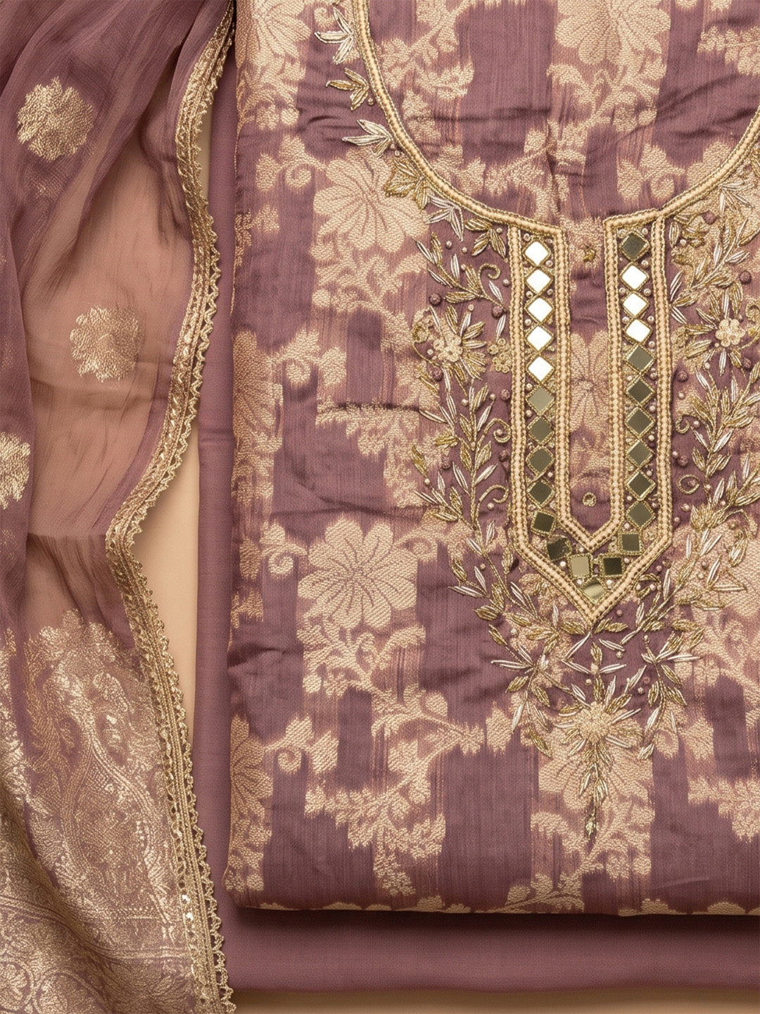 Lavender Chanderi Embroidered Unstitched Dress Material
