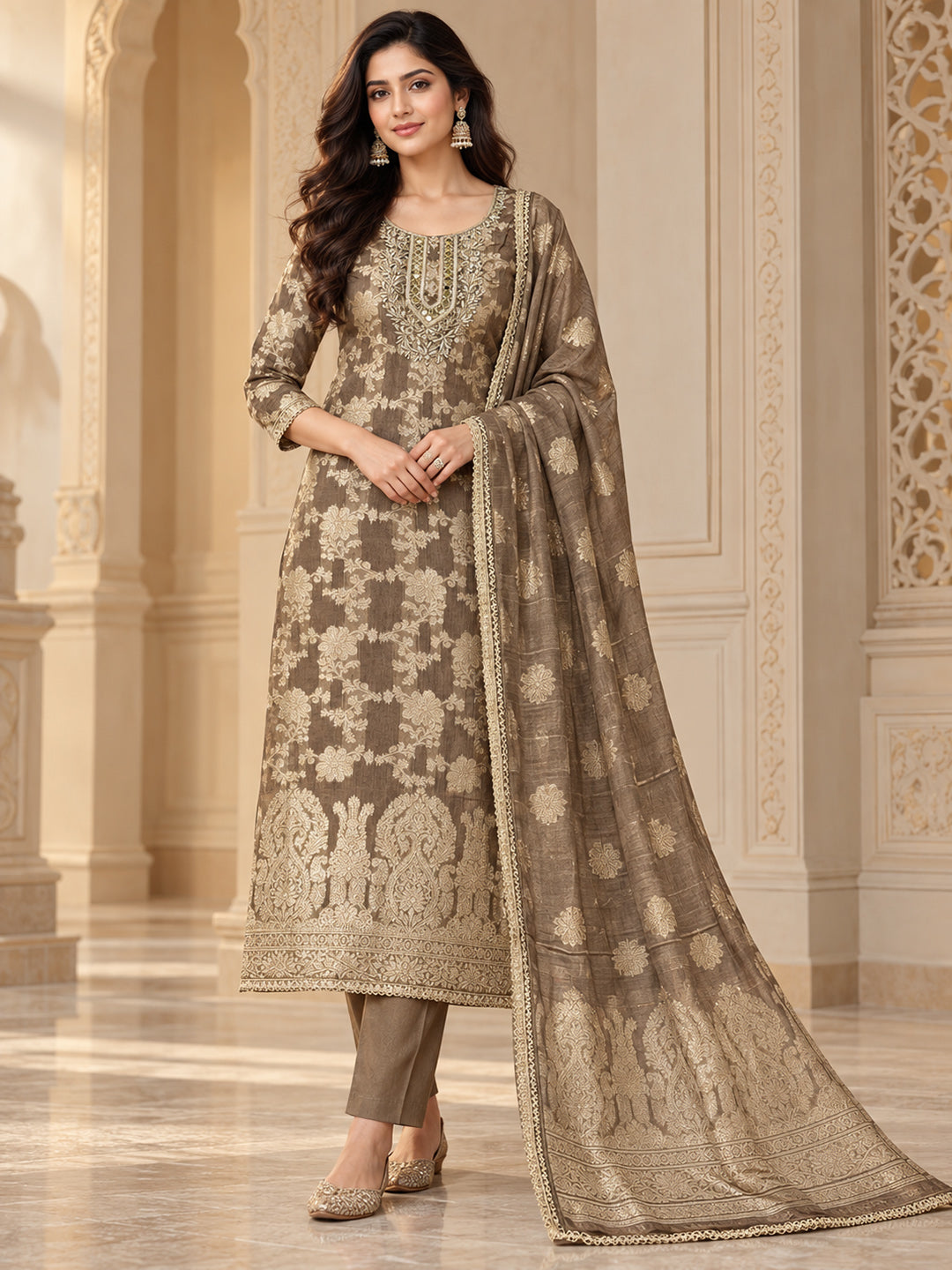 Mouse Chanderi Embroidered Unstitched Dress Material