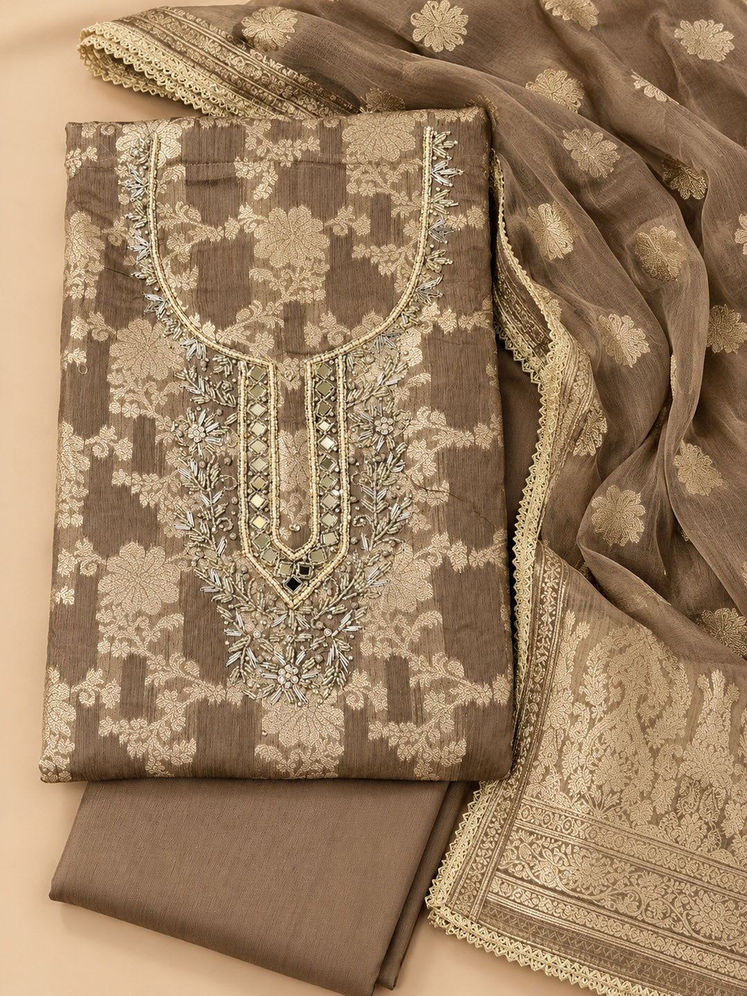 Mouse Chanderi Embroidered Unstitched Dress Material