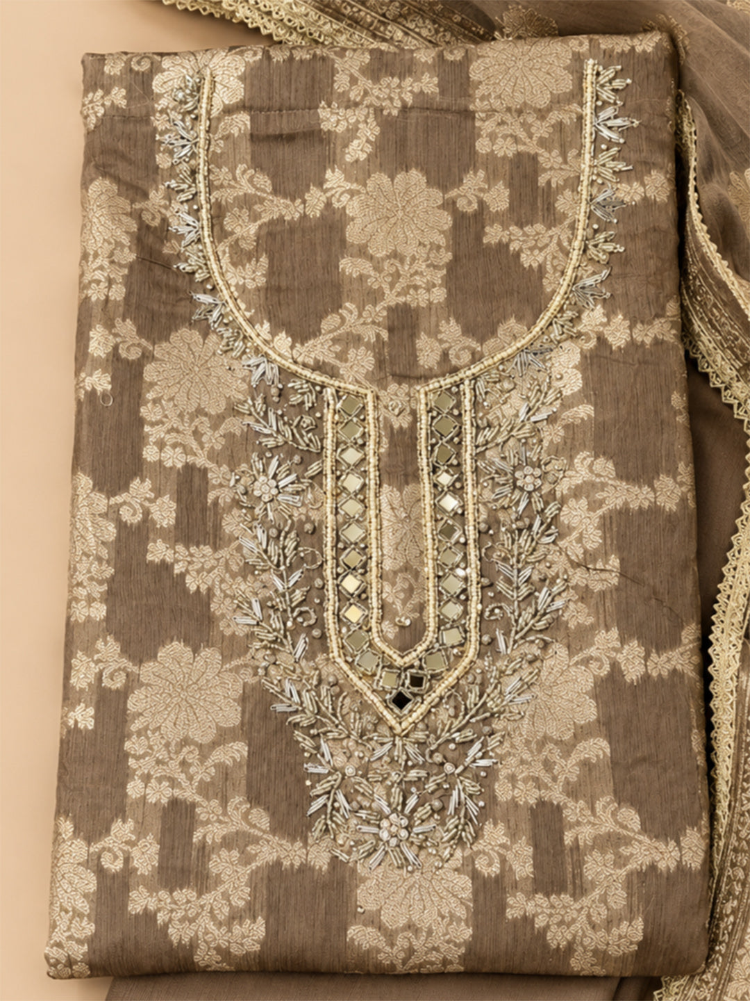 Mouse Chanderi Embroidered Unstitched Dress Material