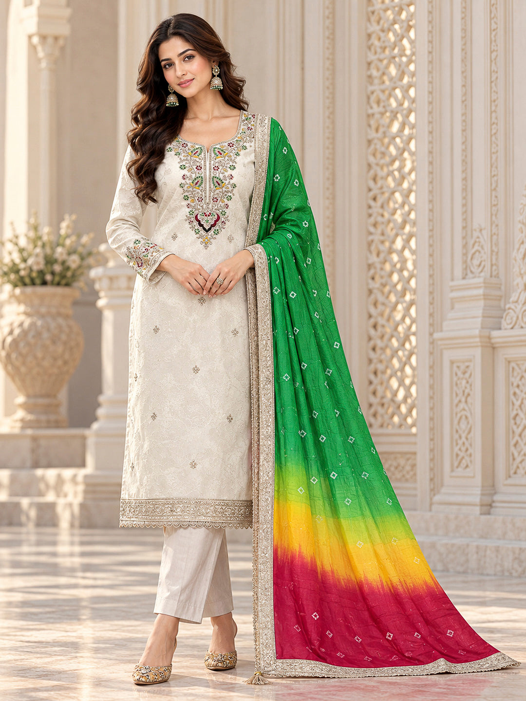 Cream Tissue Embroidered Unstitched Dress Material