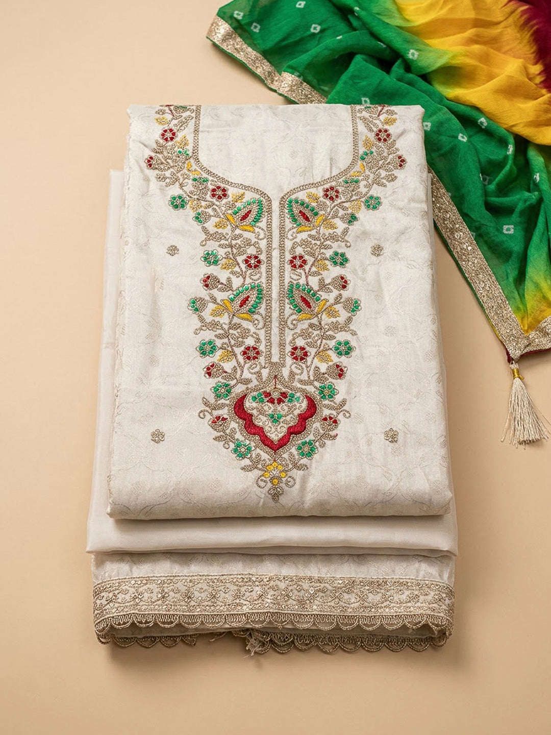 Cream Tissue Embroidered Unstitched Dress Material