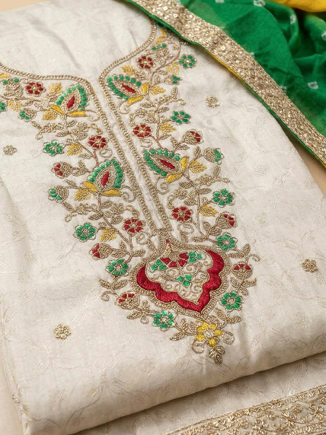 Cream Tissue Embroidered Unstitched Dress Material
