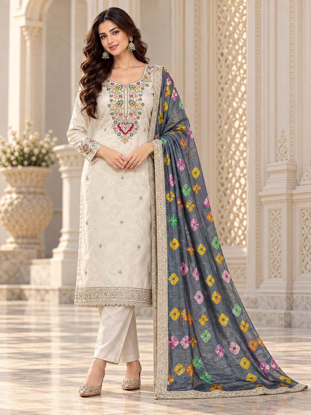 Cream Tissue Embroidered Unstitched Dress Material