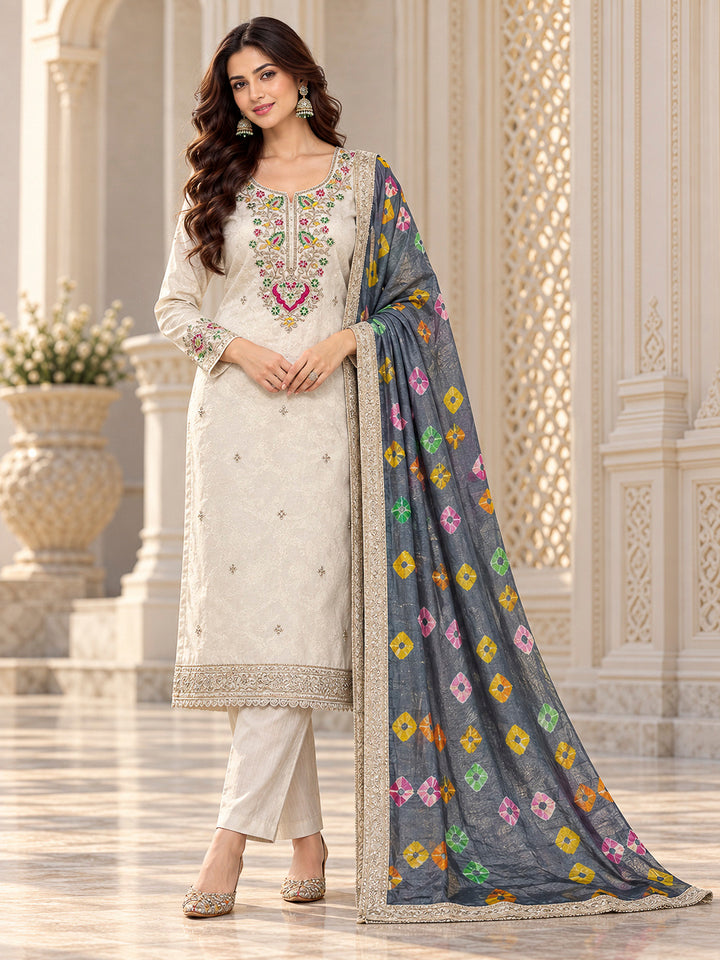 Cream Tissue Embroidered Unstitched Dress Material