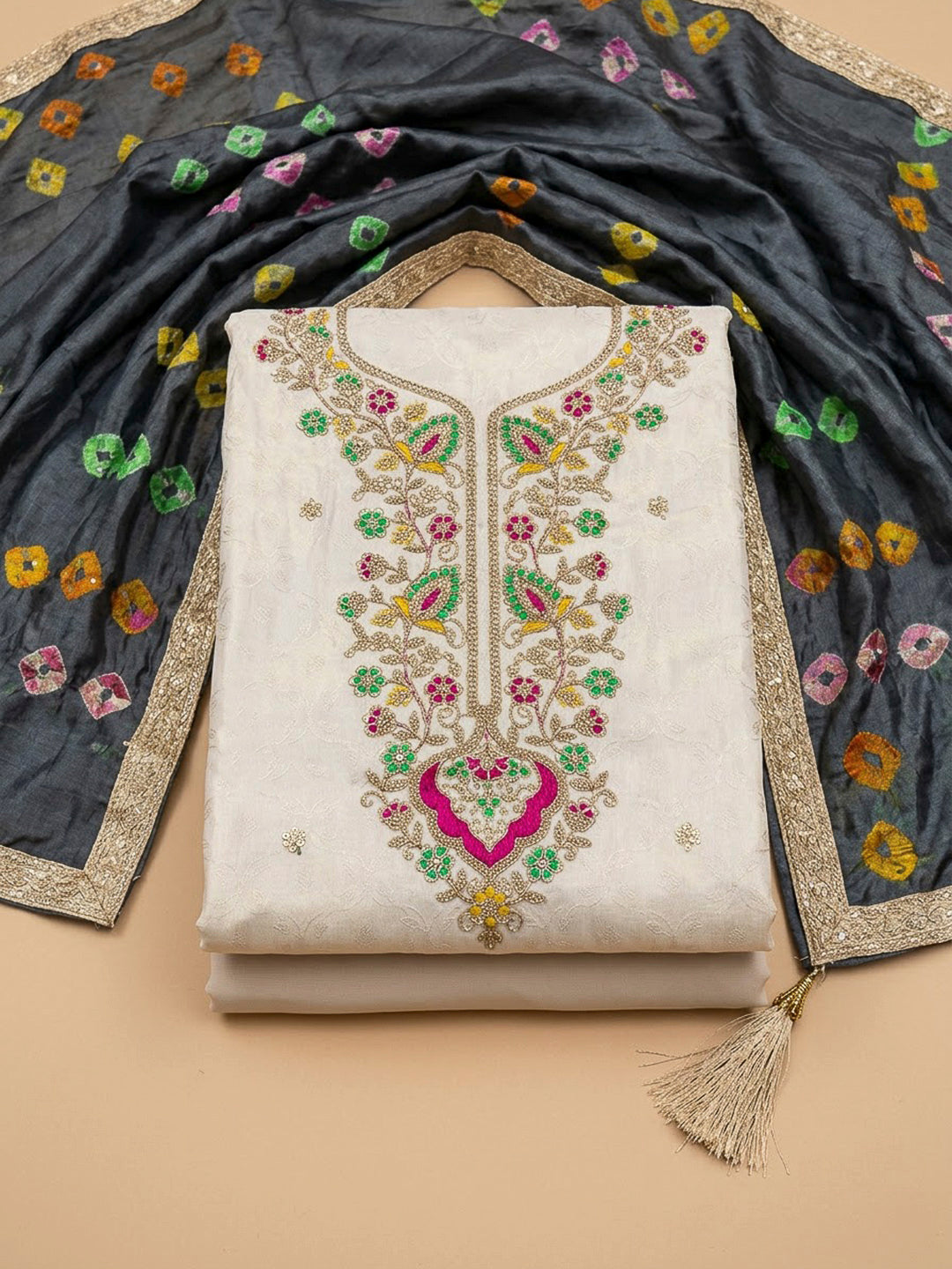 Cream Tissue Embroidered Unstitched Dress Material