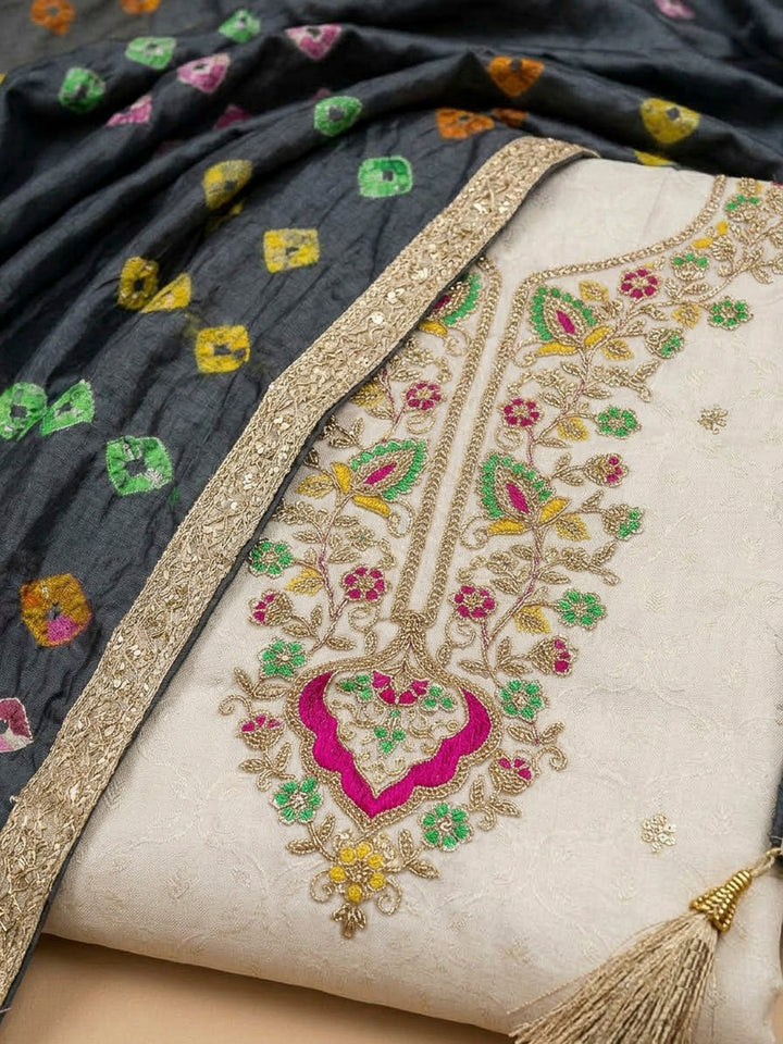 Cream Tissue Embroidered Unstitched Dress Material