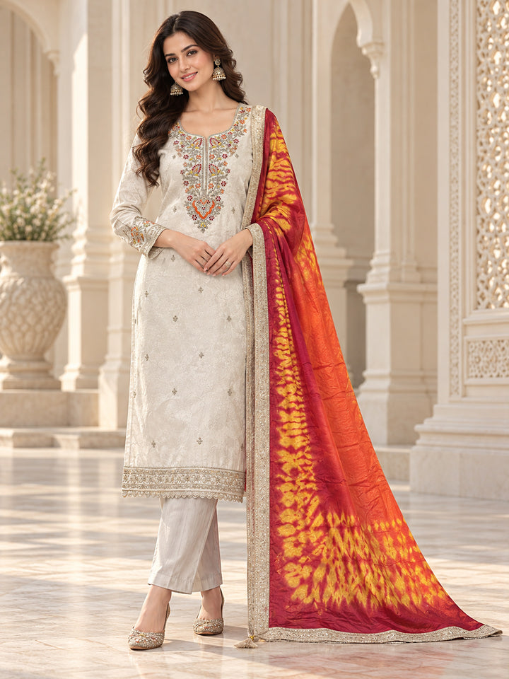 Cream Tissue Embroidered Unstitched Dress Material
