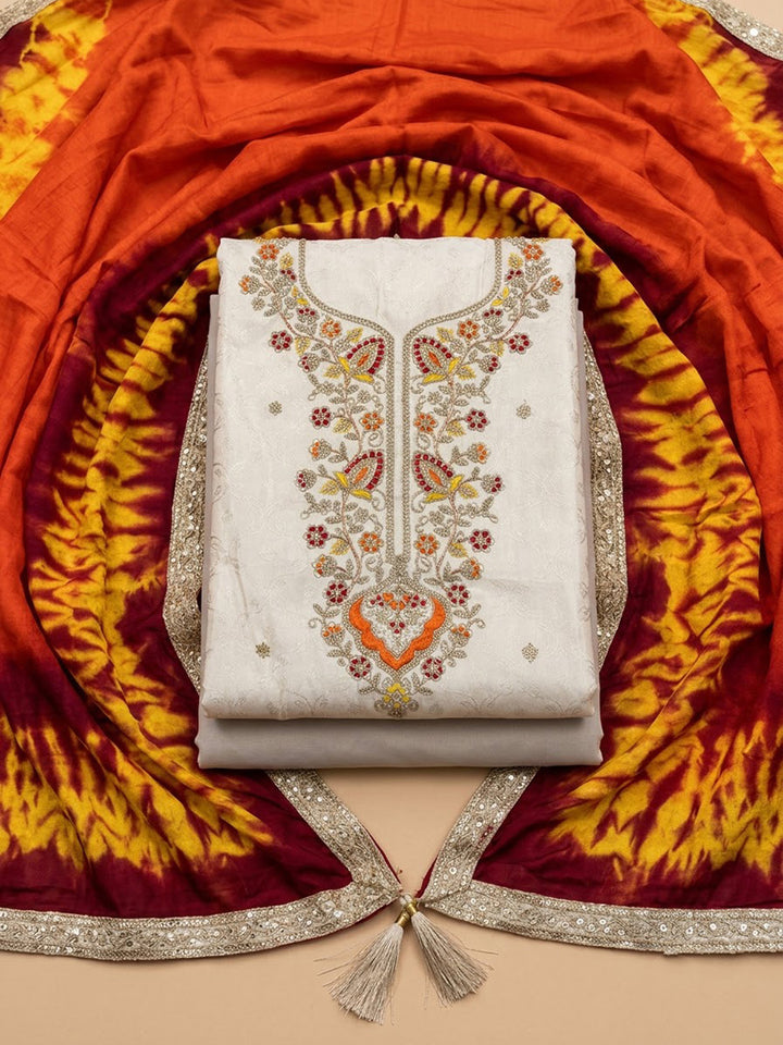 Cream Tissue Embroidered Unstitched Dress Material