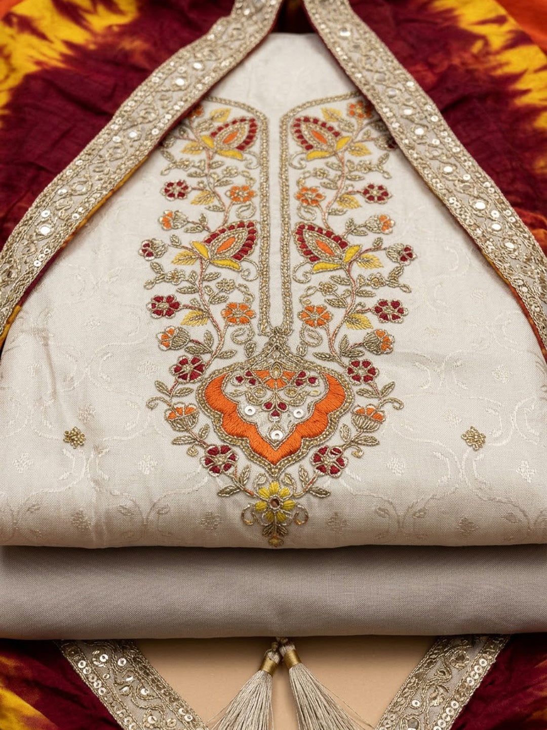 Cream Tissue Embroidered Unstitched Dress Material