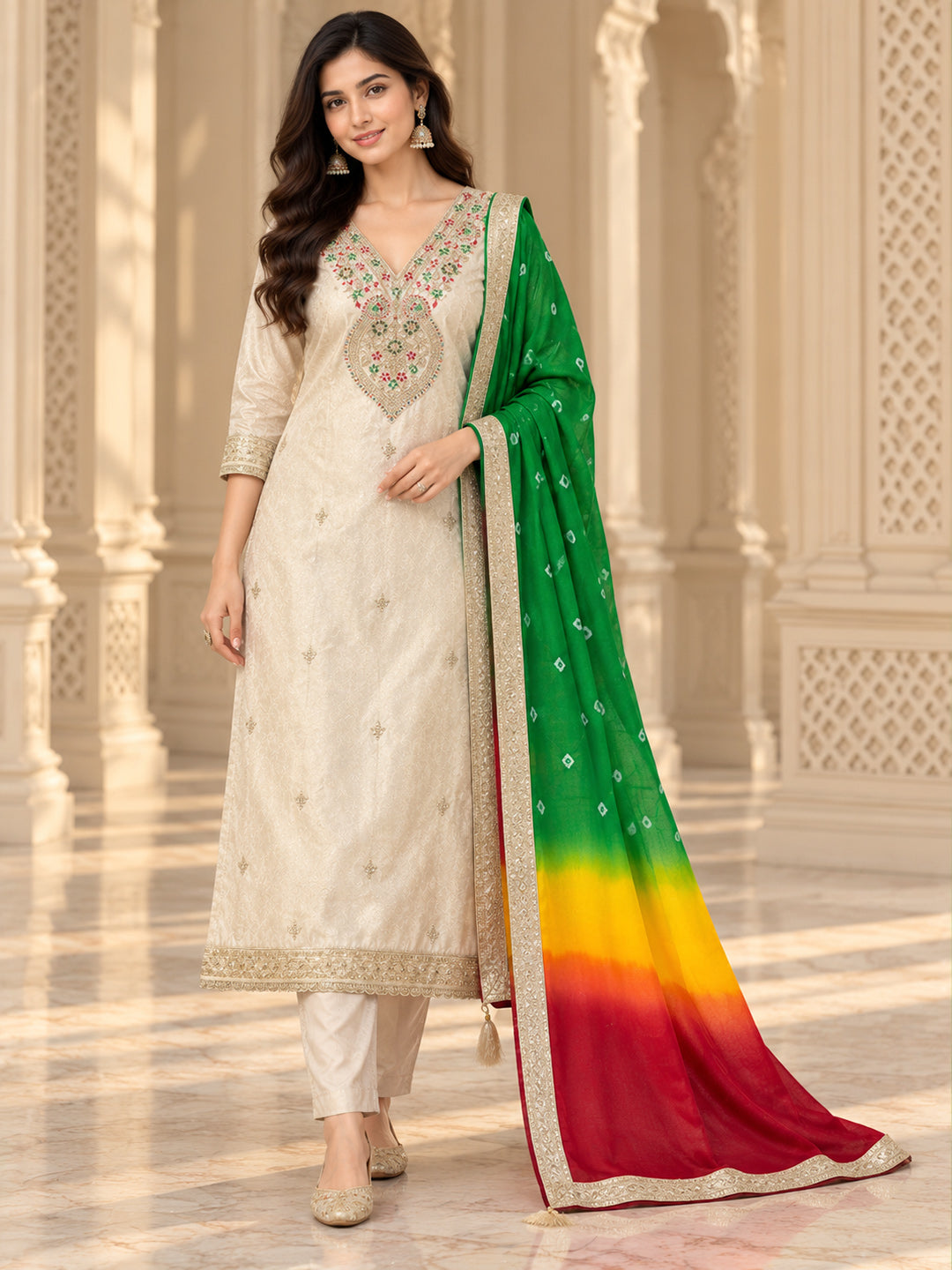 Off-White Chanderi Embroidered Unstitched Dress Material
