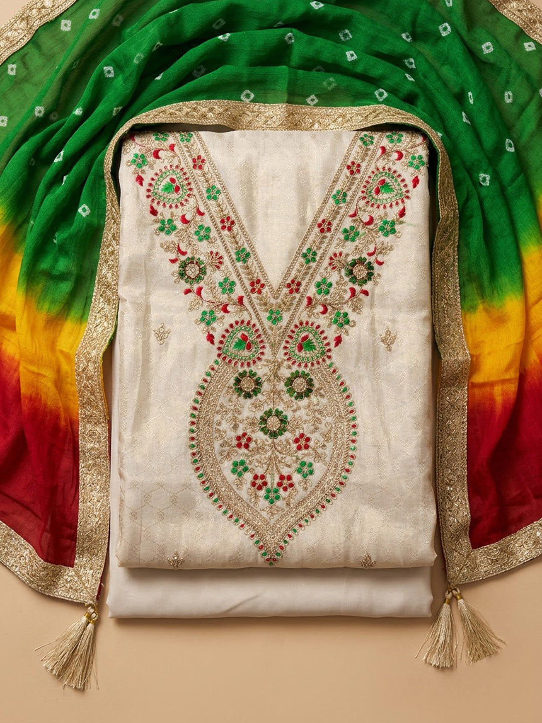 Off-White Chanderi Embroidered Unstitched Dress Material