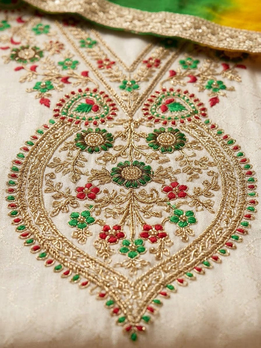 Off-White Chanderi Embroidered Unstitched Dress Material