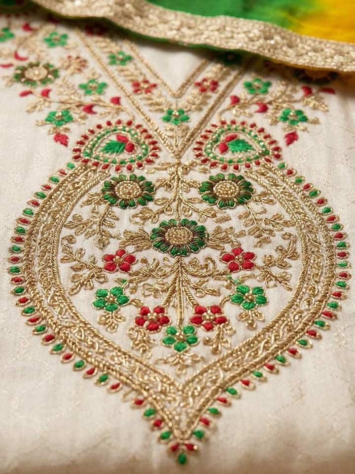 Off-White Chanderi Embroidered Unstitched Dress Material