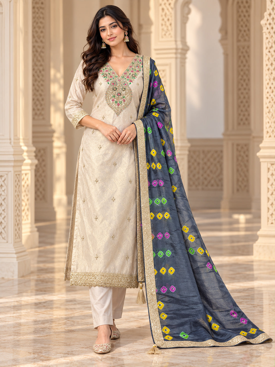 Off-White Chanderi Embroidered Unstitched Dress Material