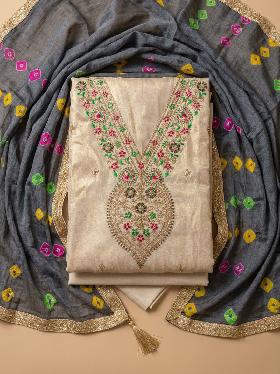 Off-White Chanderi Embroidered Unstitched Dress Material