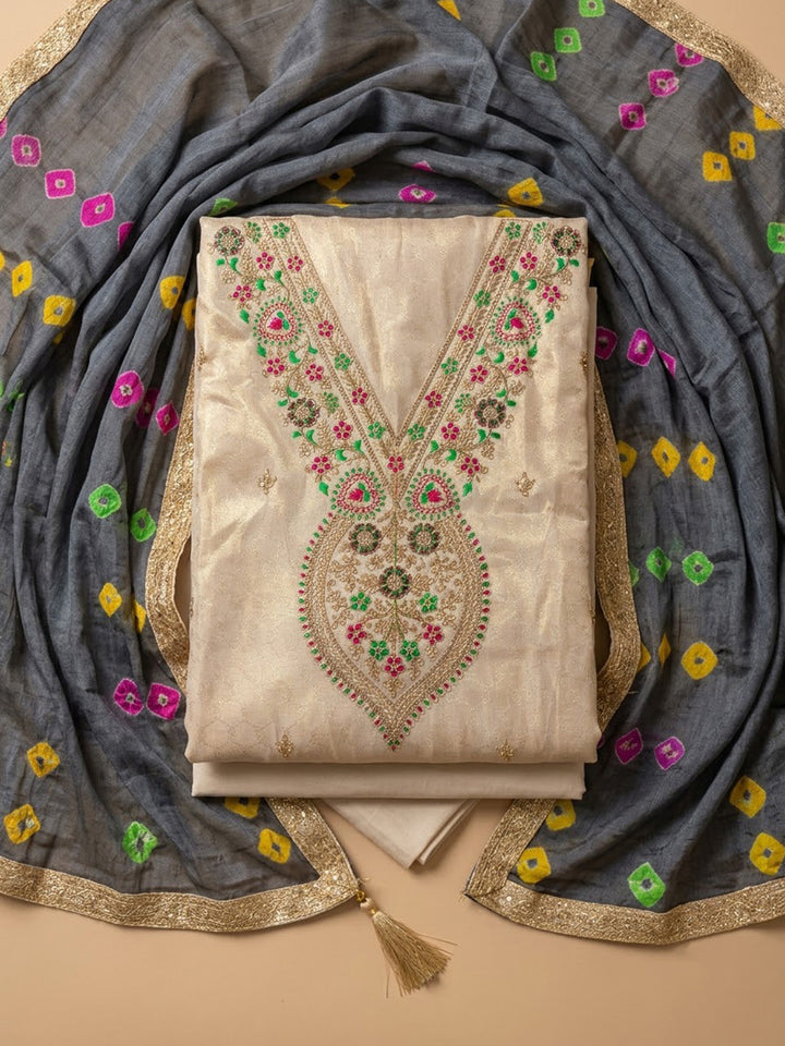 Off-White Chanderi Embroidered Unstitched Dress Material