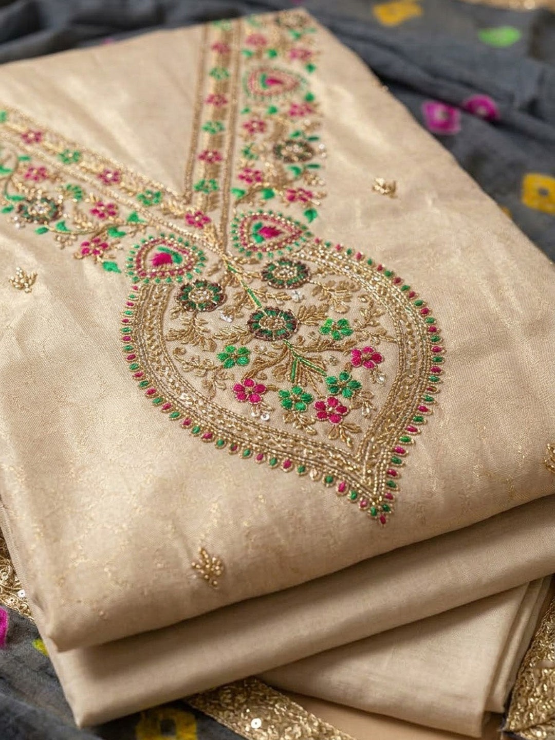 Off-White Chanderi Embroidered Unstitched Dress Material