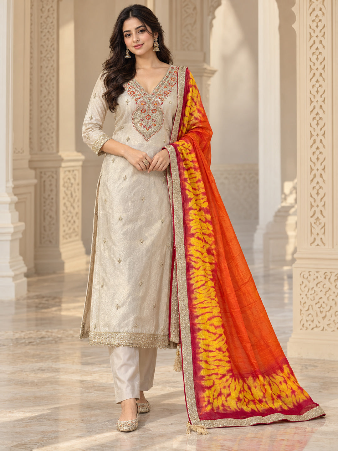 Off-White Chanderi Embroidered Unstitched Dress Material