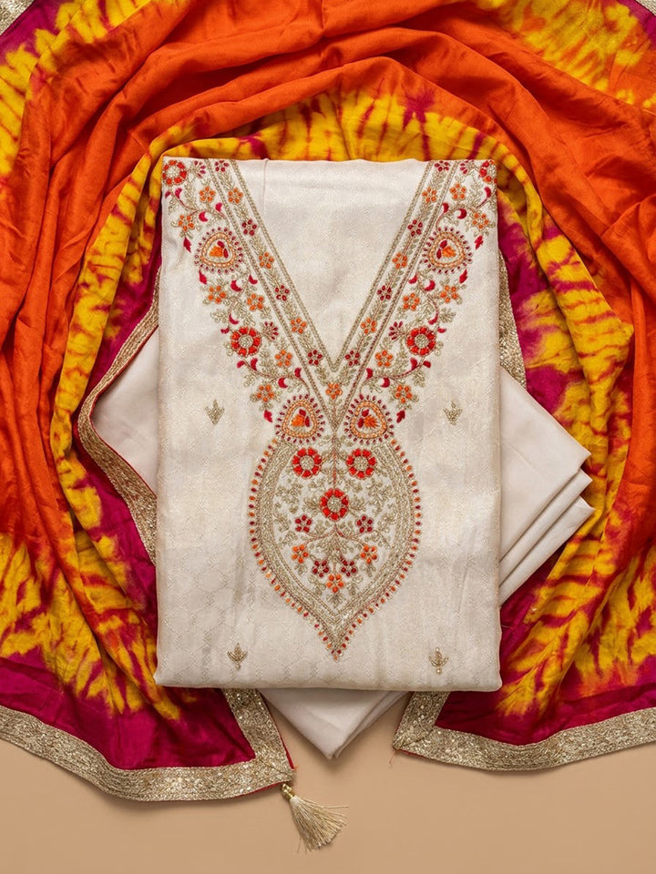 Off-White Chanderi Embroidered Unstitched Dress Material