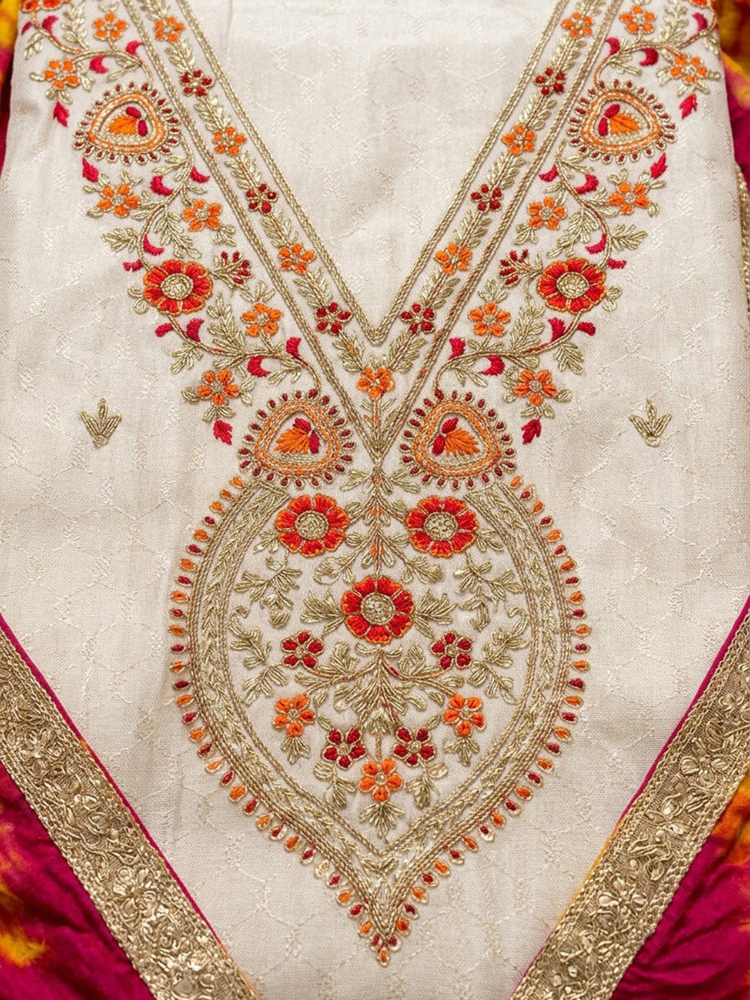 Off-White Chanderi Embroidered Unstitched Dress Material