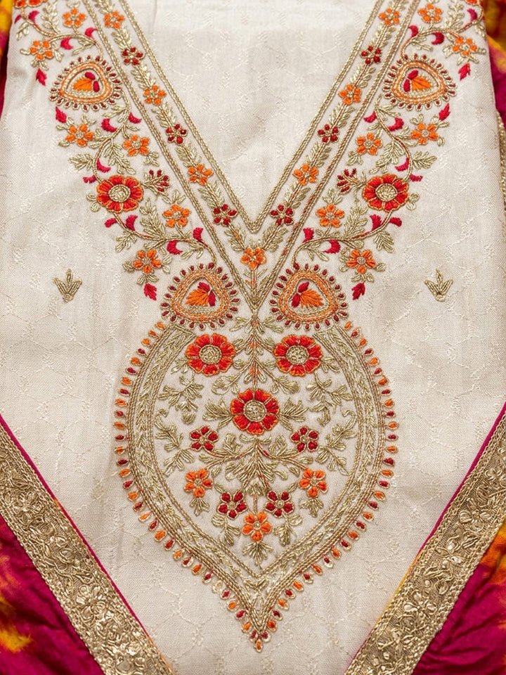 Off-White Chanderi Embroidered Unstitched Dress Material
