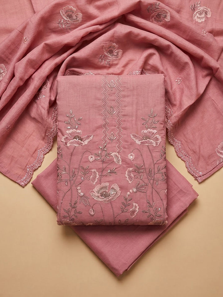 Peach Chanderi Printed Unstitched Dress Material