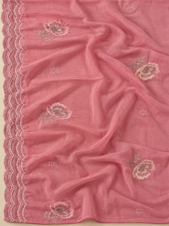 Peach Chanderi Printed Unstitched Dress Material
