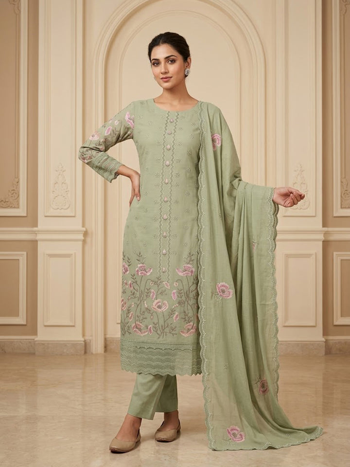 Pista-Green Chanderi Printed Unstitched Dress Material