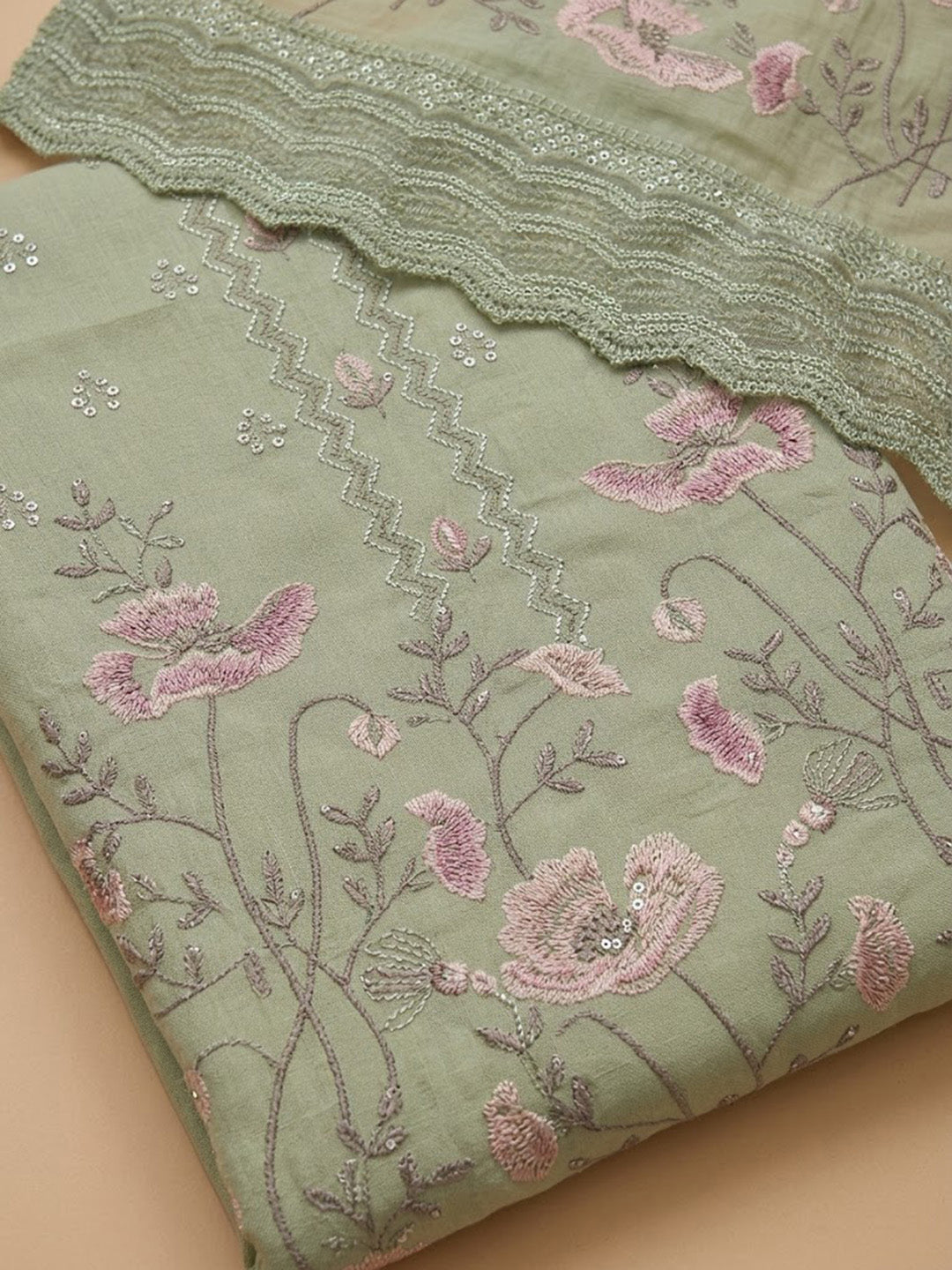 Pista-Green Chanderi Printed Unstitched Dress Material