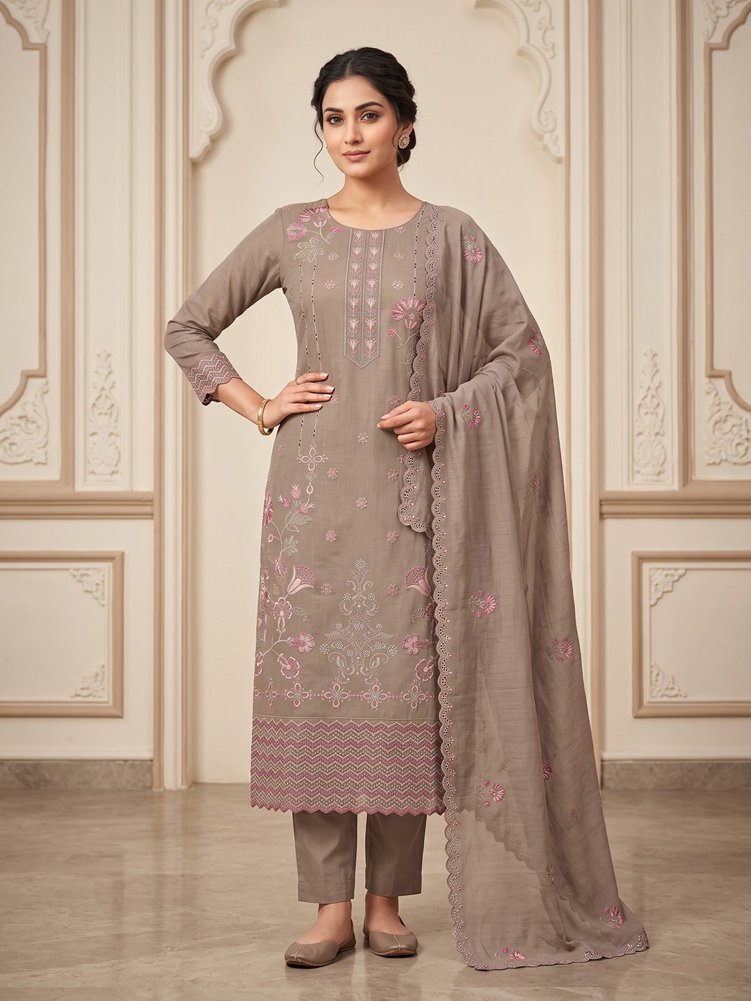 Chikoo Chanderi Printed Unstitched Dress Material