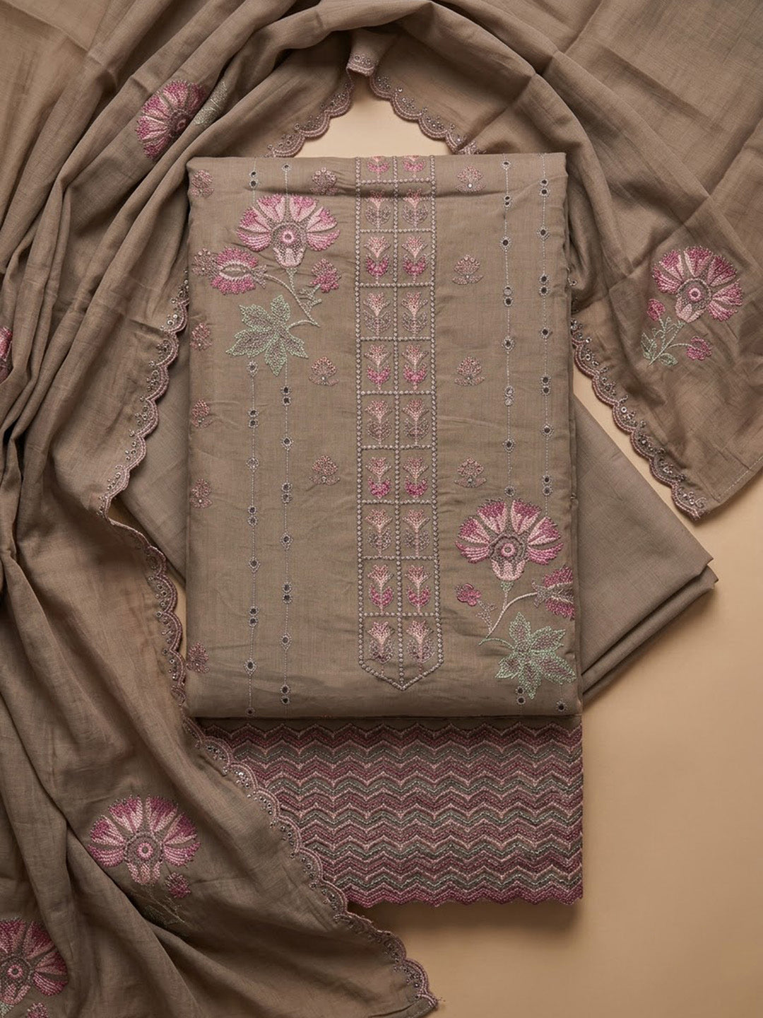 Chikoo Chanderi Printed Unstitched Dress Material