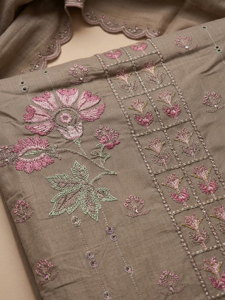 Chikoo Chanderi Printed Unstitched Dress Material