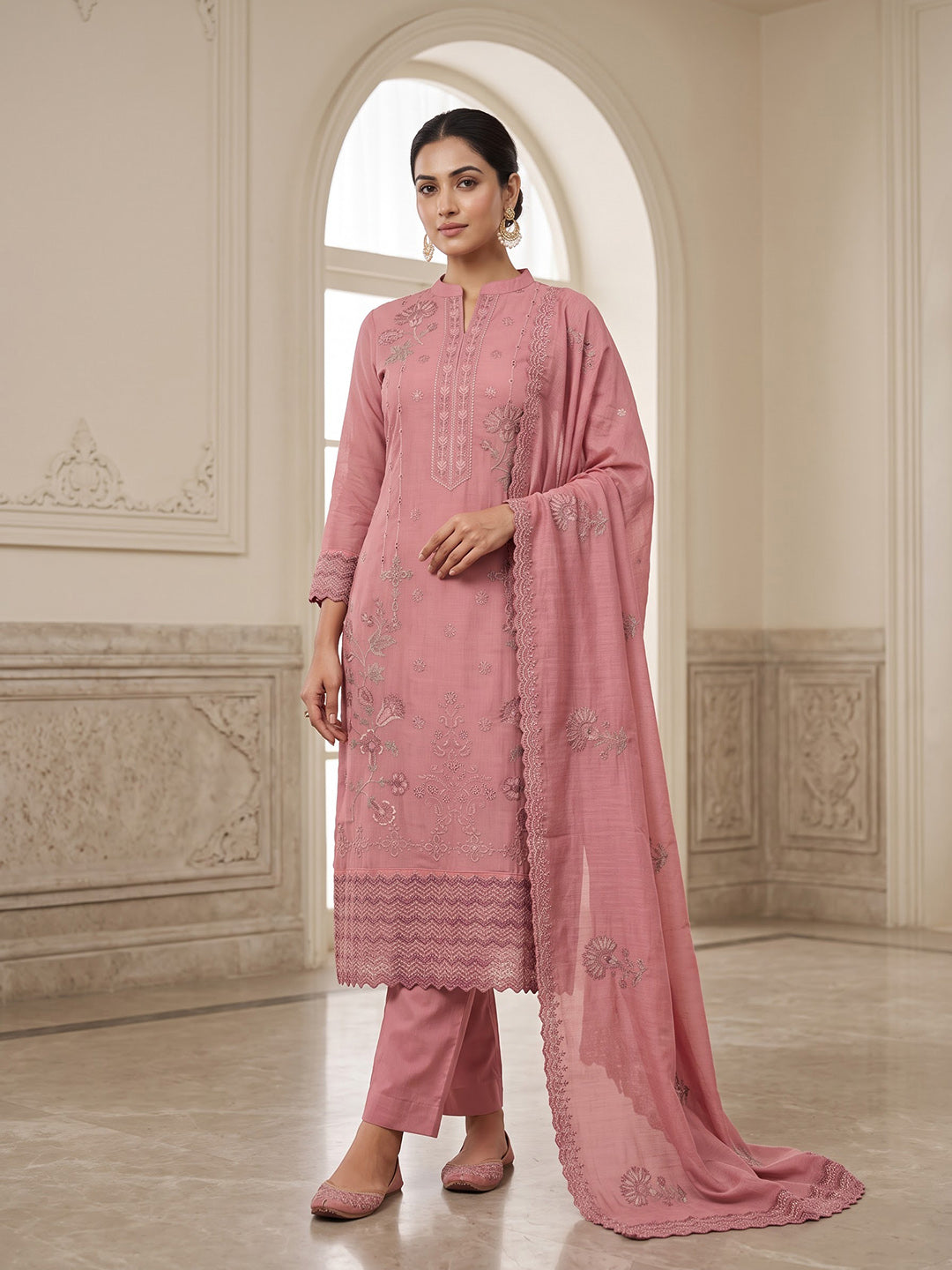 Onion-Pink Chanderi Printed Unstitched Dress Material