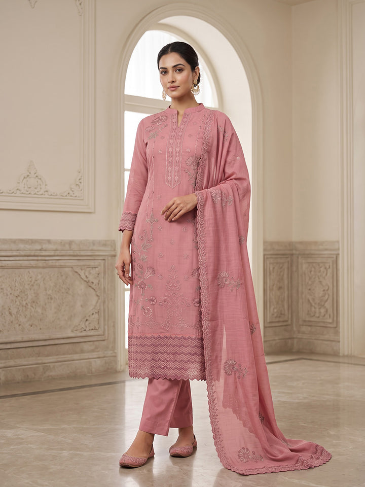 Onion-Pink Chanderi Printed Unstitched Dress Material
