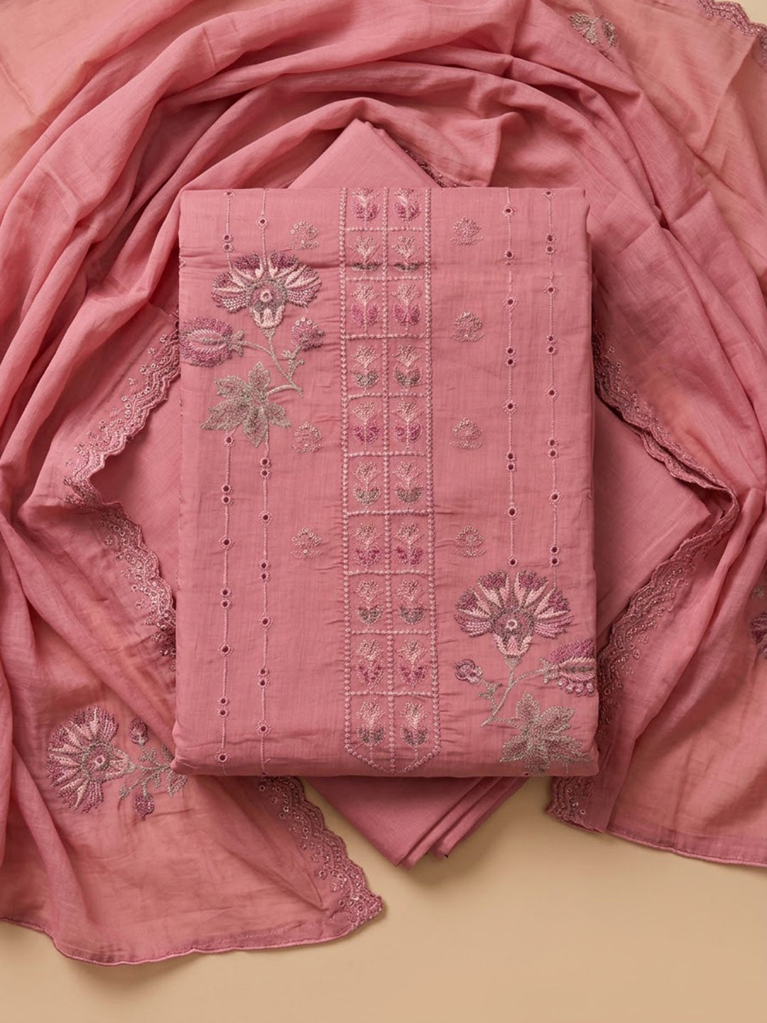 Onion-Pink Chanderi Printed Unstitched Dress Material