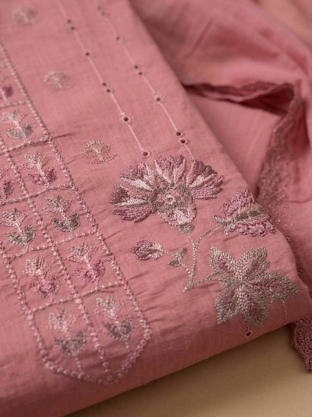 Onion-Pink Chanderi Printed Unstitched Dress Material